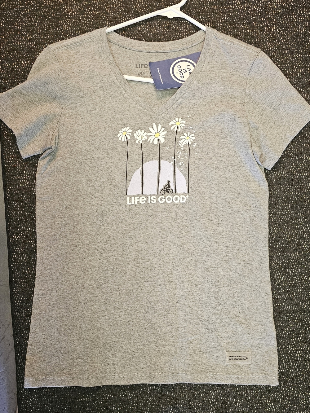 Life Is Good Gray V‑Neck Tee with Daisy & Bike Graphic